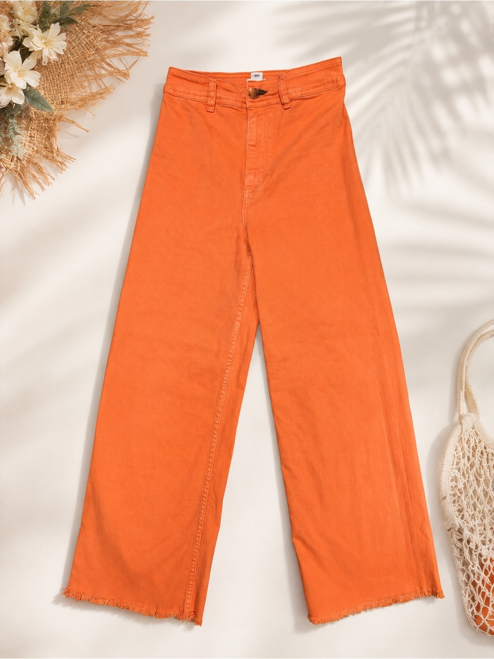 Billabong Coral Orange Cropped Wide Leg Jeans Size 25 | High Rise Raw Hem Pants - Picture 3 of 8